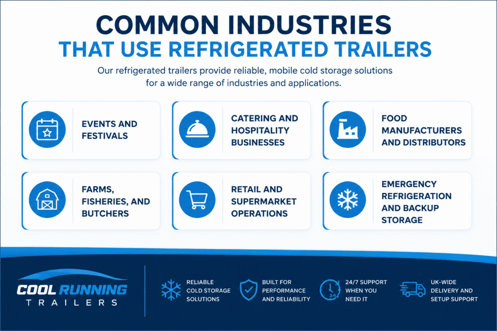 A chart showing the most common industries that use refrigerated trailers, including catering, events and festivals, food 