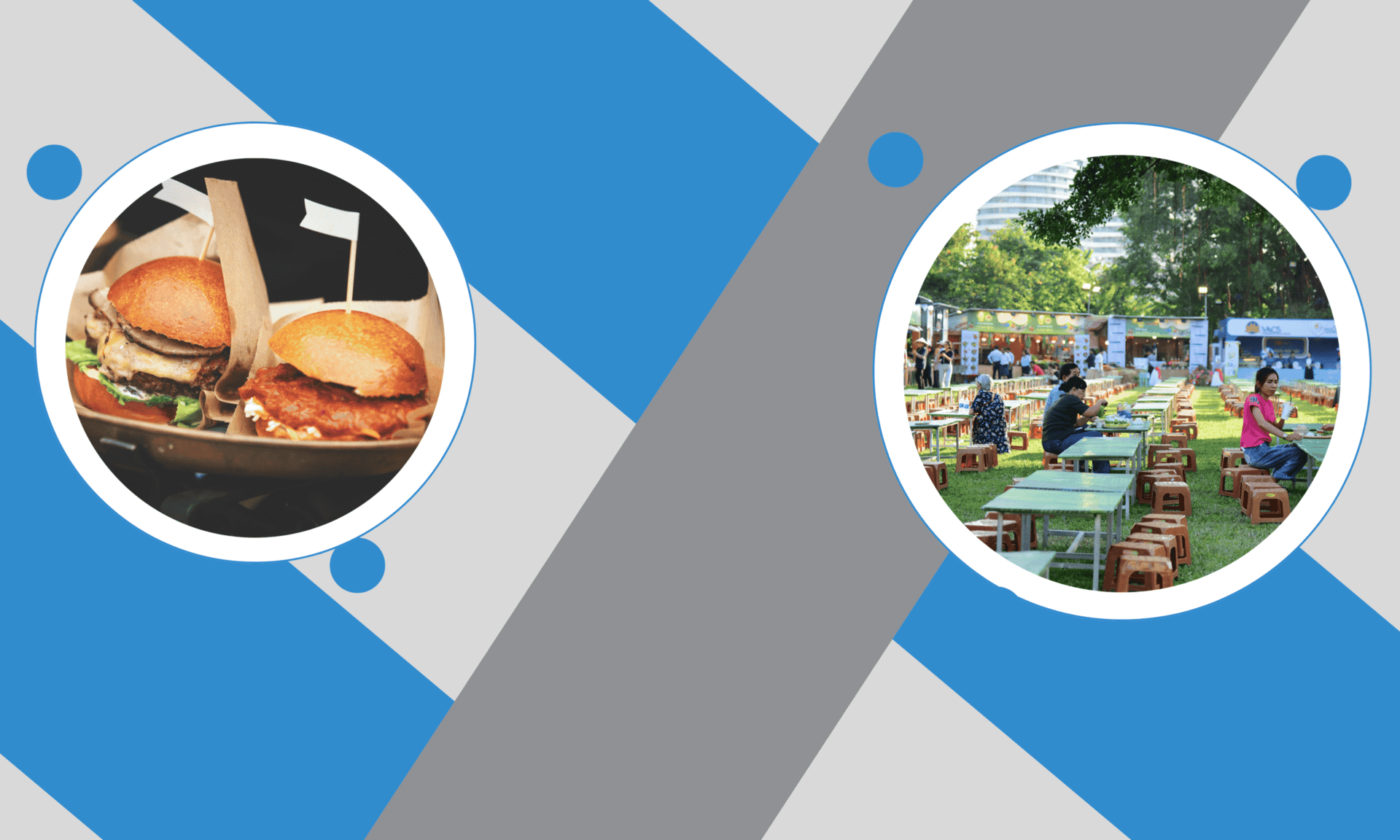 Burgers served at an outdoor event alongside a festival garden setting, highlighting catering and event refrigeration requirements.