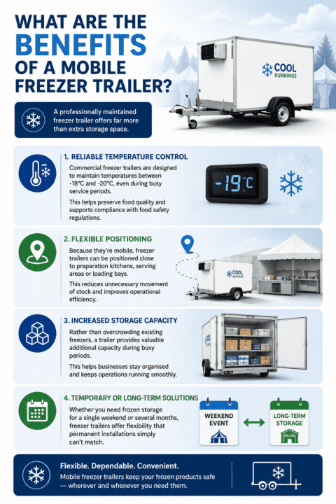 Infographic showing the key benefits of a mobile freezer trailer, including temperature control, increased storage capacity, food safety compliance, operational efficiency, and flexibility for events and catering businesses.
