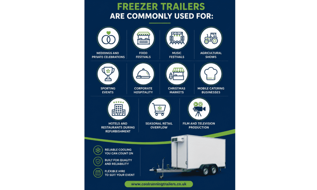  Infographic showing the most common uses for freezer trailers, including weddings, food festivals, music festivals, agricultural shows, sporting events, corporate hospitality, Christmas markets, mobile catering businesses, hotels and restaurants during refurbishment, seasonal retail overflow, and film and television production, alongside an image of a white freezer trailer. 
