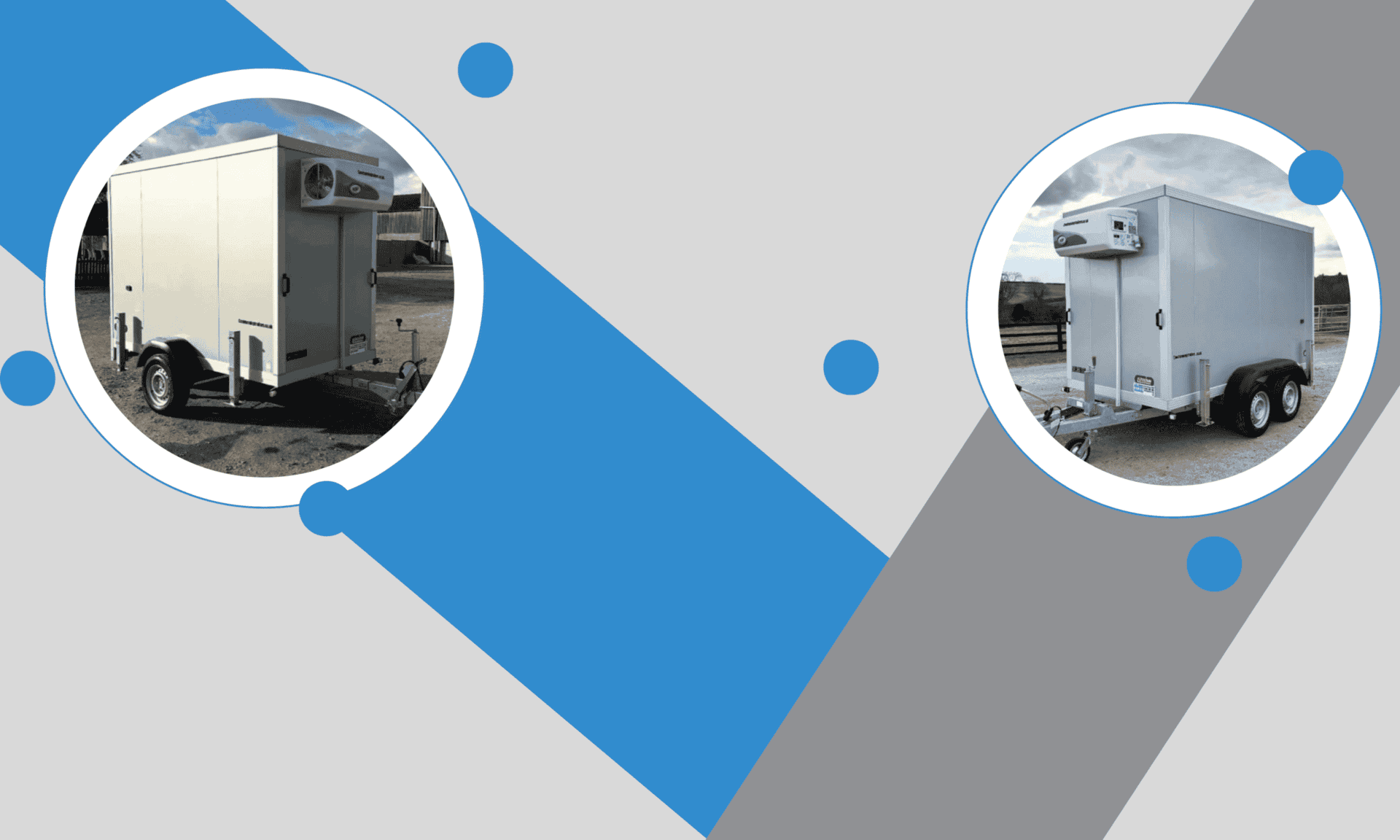 Two Cool Running Trailers branded freezer trailers positioned outdoors, showcasing commercial mobile freezer storage solutions for events, festivals and catering businesses.